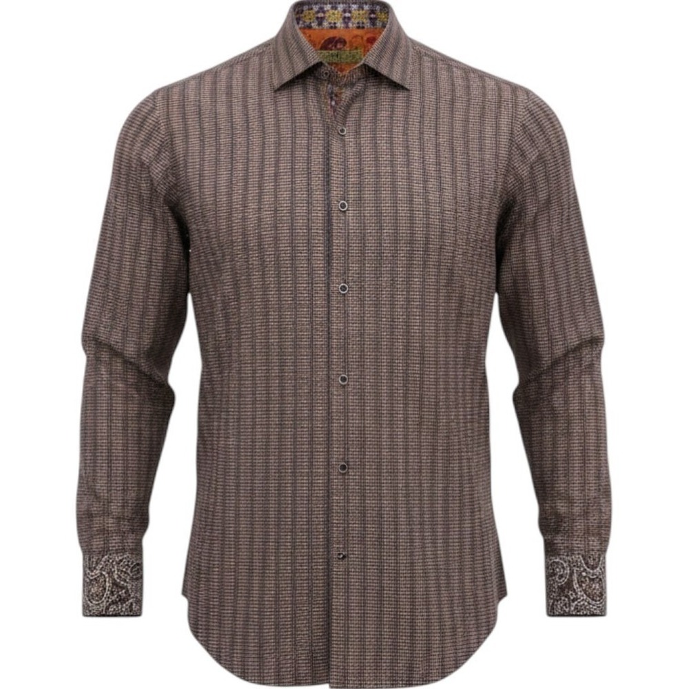 Robert Graham XL Flip Cuff Shirt Brown Blue Check Silk Trim Long Sleeve Classic